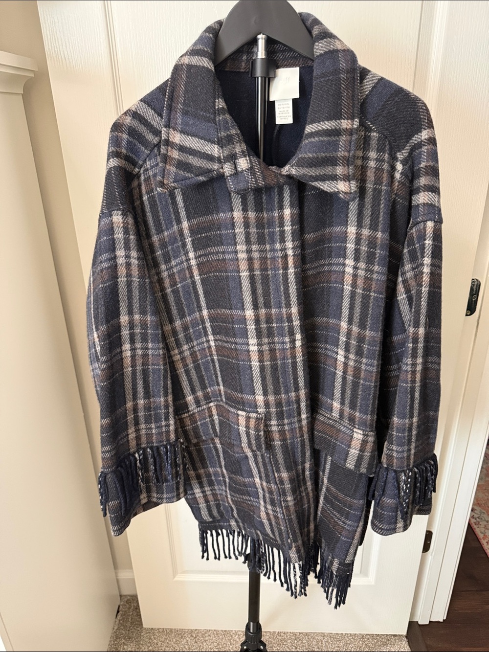 H&M Navy and Brown Plaid Fringe bottom front jacket